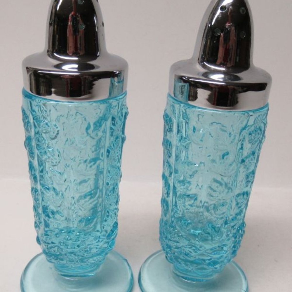 Westmoreland Glass Ice Blue Paneled Grape 4 1/2 In Salt and Pepper, Chrome Lids